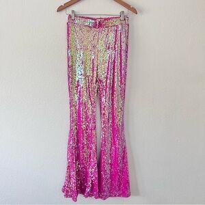 Southern Fried Chics Boutique Pink Iridescent Sequin Flare Pants Sz S